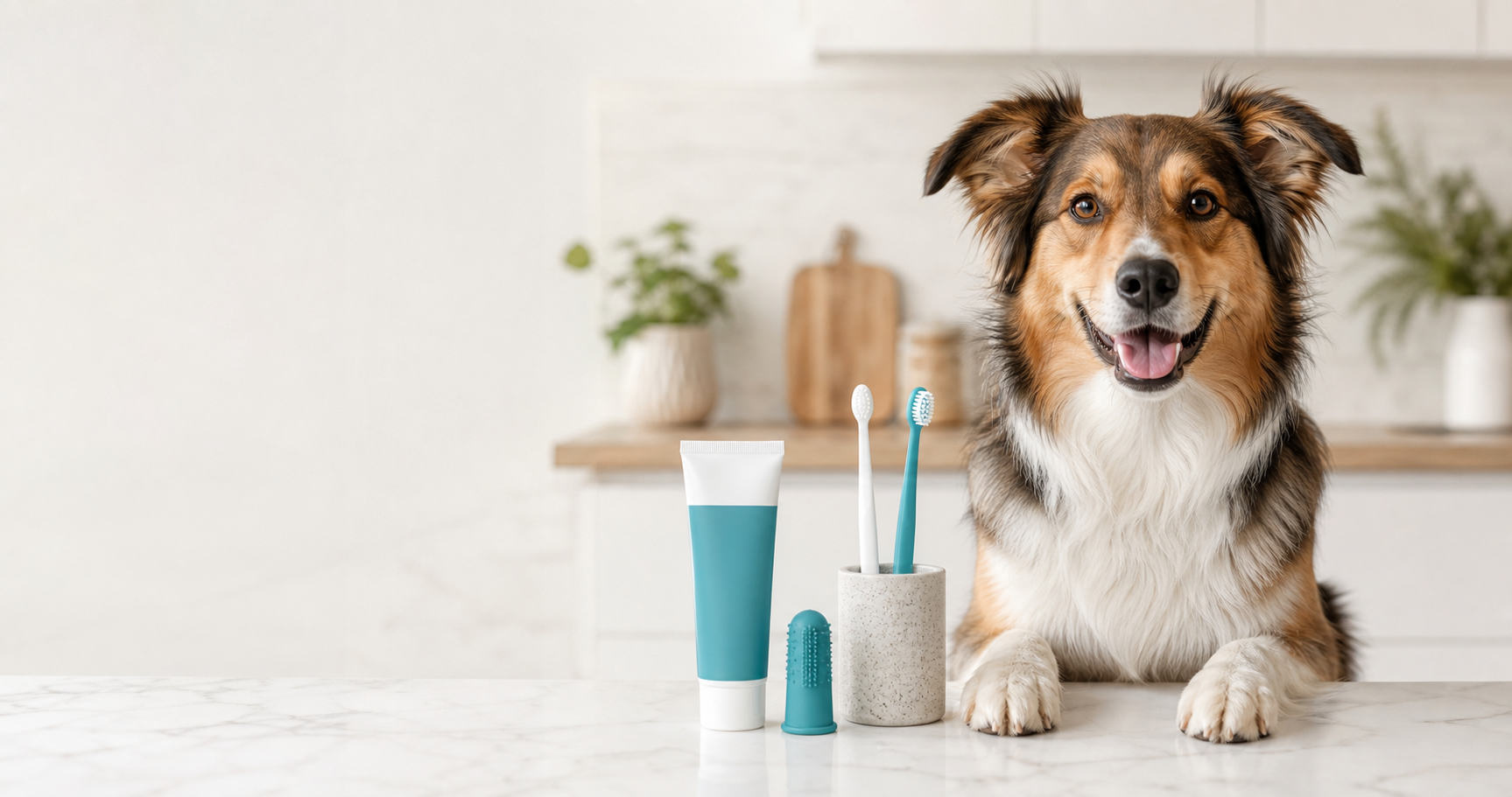 Dog toothbrush kit with toothpaste and a calm dog in a bright home kitchen